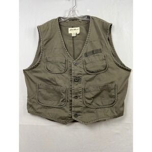 Eddie Bauer Utility Vest Mens XL Olive Green Cotton Twill Multi Pocket Fishing